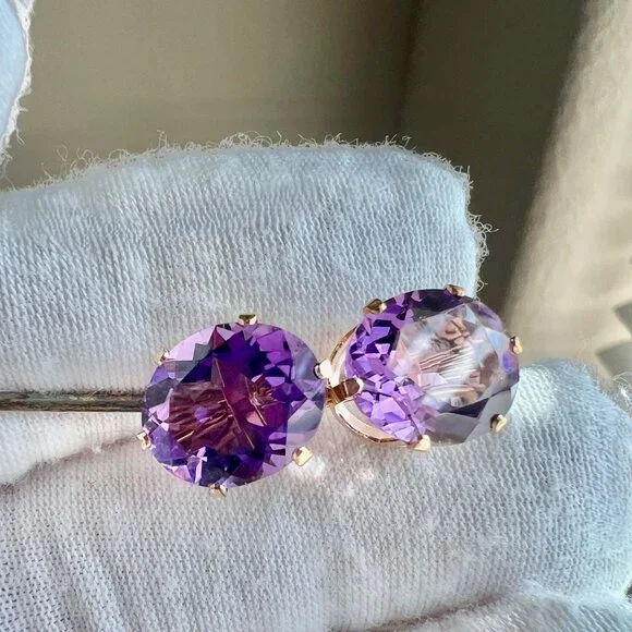 14K Yellow Gold Purple Amethyst Earrings, February Birthstone Earrings